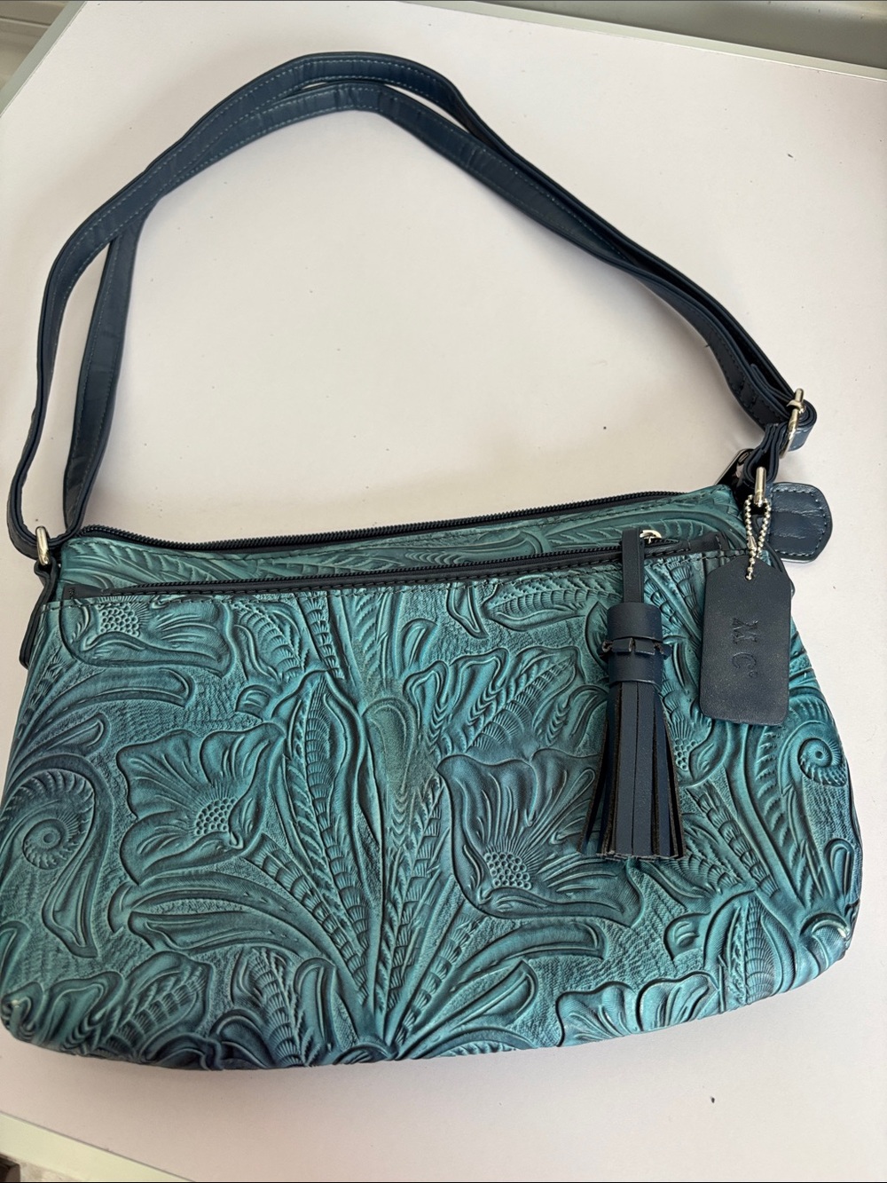 Teal Embossed Floral Leather Shoulder Bag with Tassel